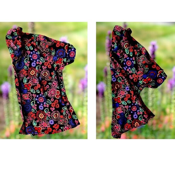 VTG Elementz Blouse Woman 1X Black Floral Shirt Button Short Sleeves Psy… - Picture 11 of 12